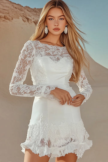 Dentelle blanche appliques col bateau manches longues robe courte de graduation